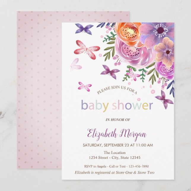 Convite Chuva de Borboletas Floral Baby Shower (Frente/Verso)