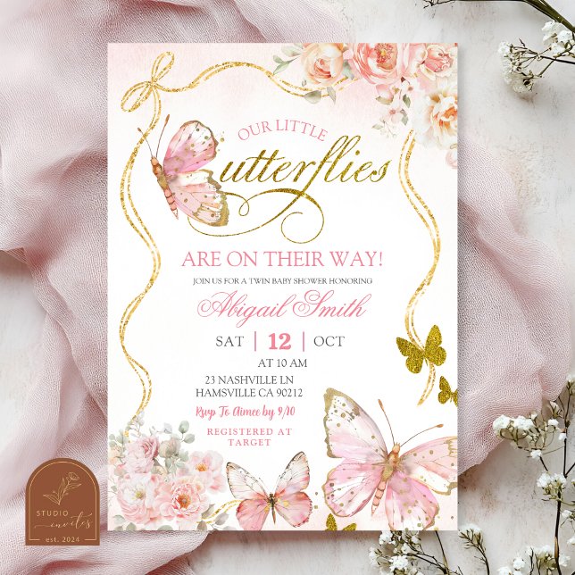 Convite Chuva de Borboletas Gêmeas Rosa - Baby Shower (Criador carregado)