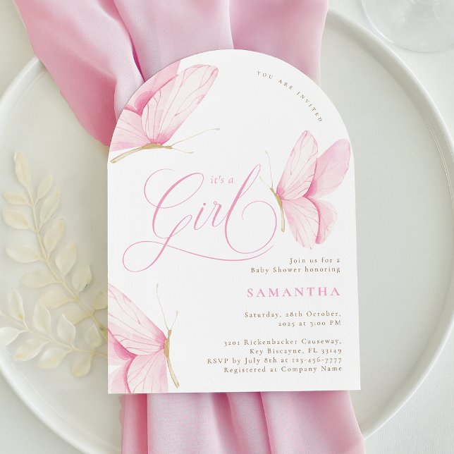 Convite Chuva de Borboletas Rosa Arco Menina Chamada Baby  (Criador carregado)