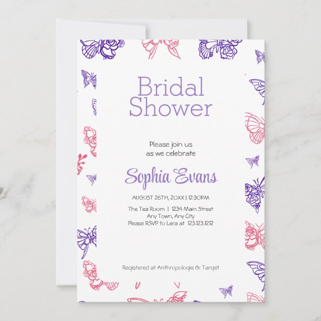 Convite Chuva de Borboletas Rosa e Roxo em Branco para Chá (Frente)
