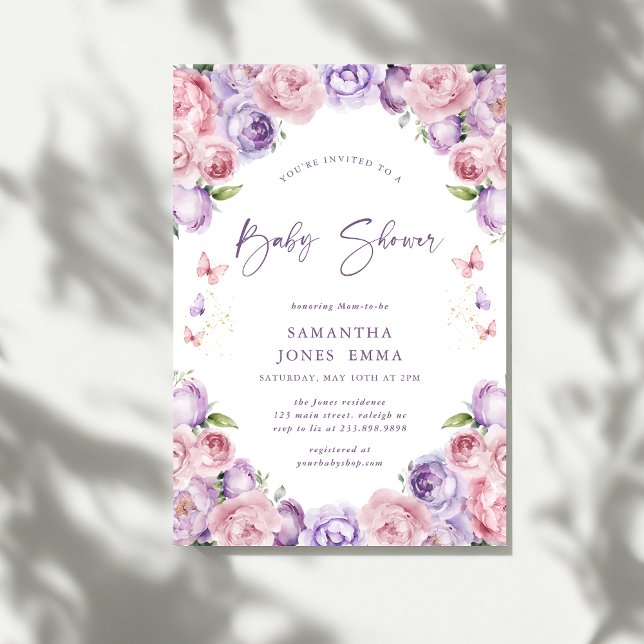 Convite Chuva de Borboletas Rosa Roxo Baby Shower (Criador carregado)