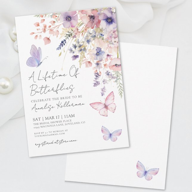 Convite Chuva de Borboletas Rosa Roxo Floral Chá de Noiva (Elegant Butterfly Bridal Shower Invitation)