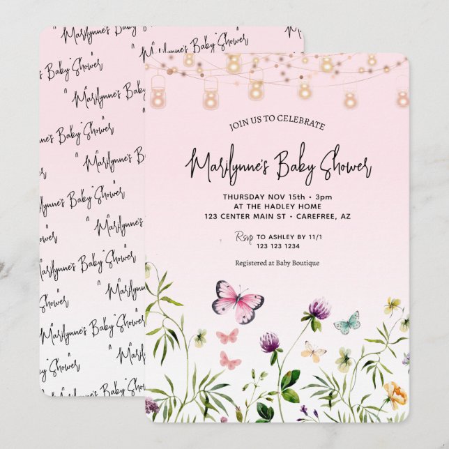 Convite Chuva de Borboletas Rosa Script Baby Shower (Frente/Verso)
