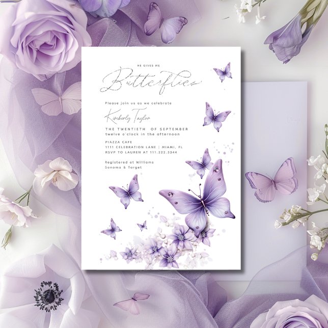 Convite Chuva de Borboletas Roxas para Chá de Noiva (He Gives Me Purple Butterflies Bridal Shower Invitation)