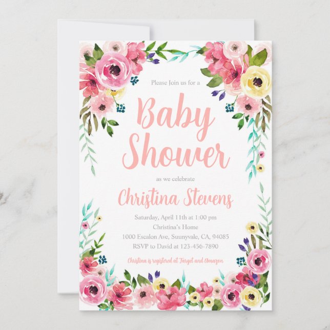 Convite Chuva de Brilho Baby Shower Floral (Frente)