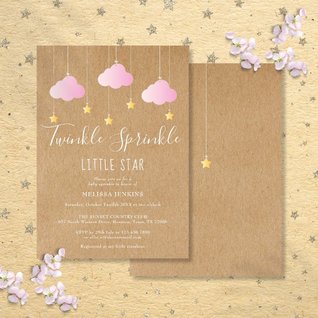 Convite Chuva de Brilho Baby Shower Rosa Kraft Rústico (Twinkle Sprinkle Baby Shower Pink Rustic Kraft Invitation)