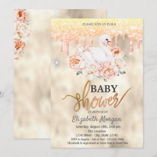 Convite Chuva de Brilho de Cisne Floral em Aquarela para C