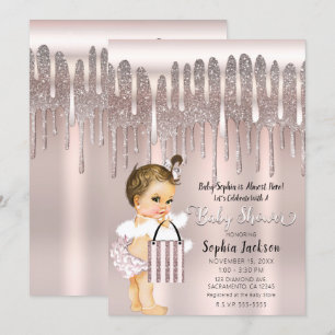 Convite Chuva de Brilho Diamante Rosa Gelado Baby Shower