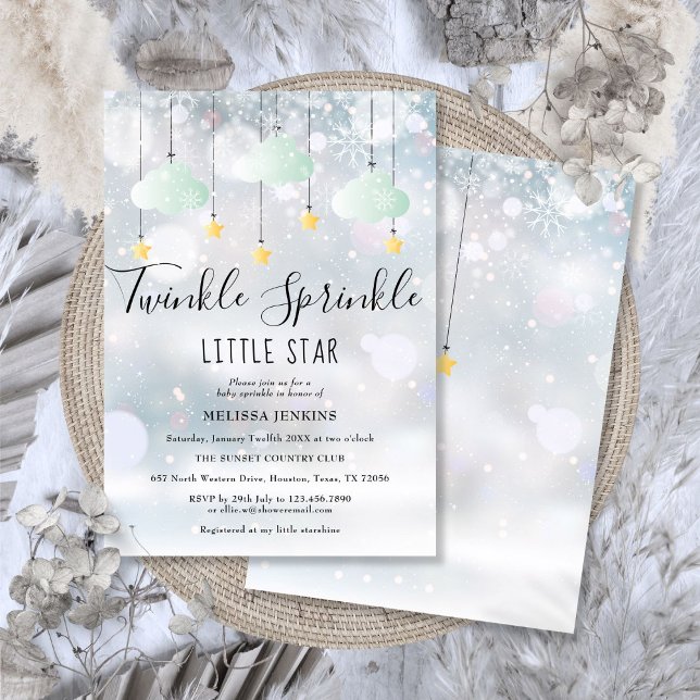 Convite Chuva de Brilho Estrela Pequena Chuveiro de Bebê d (Twinkle Sprinkle Little Star Winter Baby Shower Invitation)