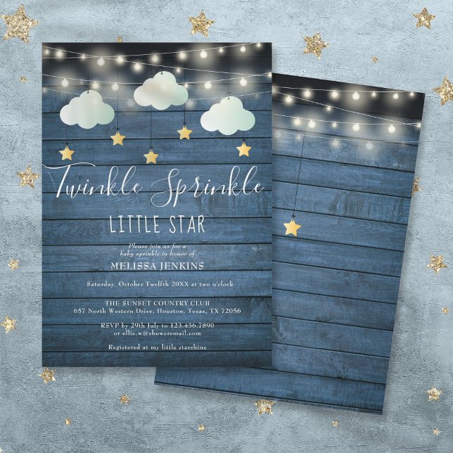 Convite Chuva de Brilho Estrela Pequena Chuvinha de Bebê R (Twinkle Sprinkle Little Star Rustic Baby Shower Invitation)