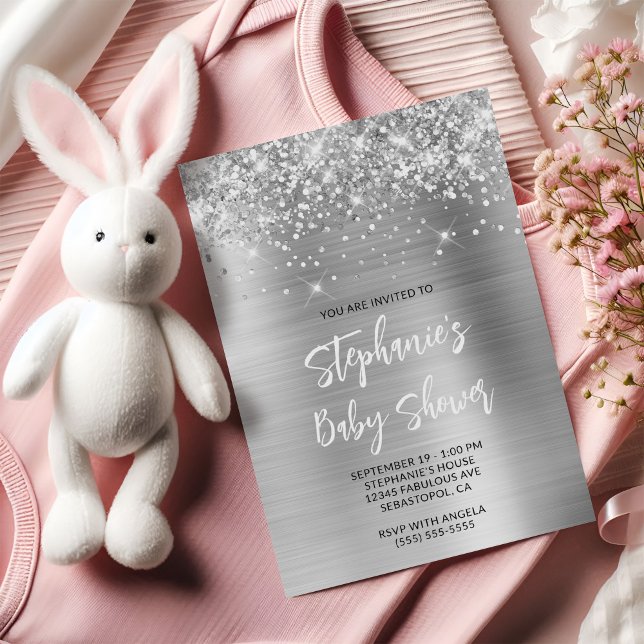Convite Chuva de Brilho Prata Glam Festa de Bebê Registro  (Glittery Silver Glam Online Registry Baby Shower Invitation)