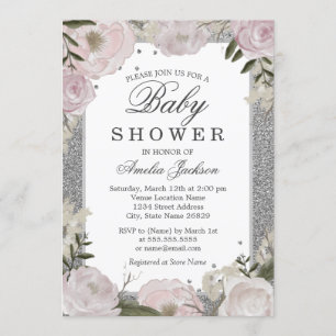 Convite Chuva de Brilho Rosa Prata Floral Baby Shower