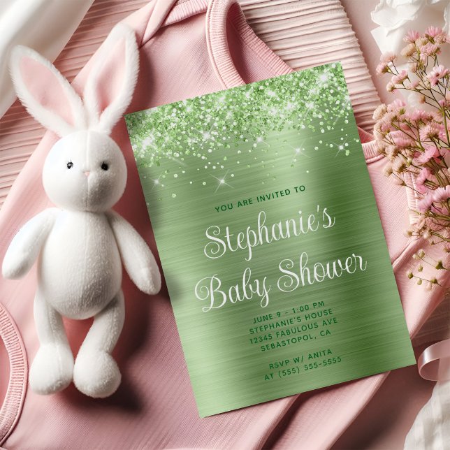 Convite Chuva de Brilho Verde Claro no Chá de Bebê (Glittery Light Green Baby Shower Invitation)