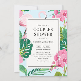Convite Chuva de Casais de Verão Flamingo Tropical e Orquí