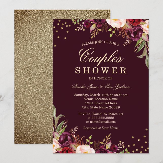 Convite Chuva de Casais Dourado Burgundy floral Brilho (Frente/Verso)