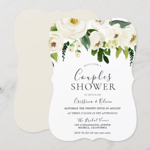 Convite Chuva de Casais Elegantes com Flores Brancas e Cre