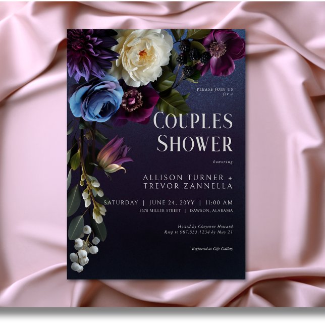 Convite Chuva de Casais Florais Azul Escuro e Roxo (Dark Blue & Purple Floral Moody Couples Shower Invitation)