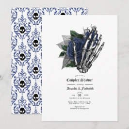Convite Chuva de Casais Gótica Crânio Floral Azul Marinho