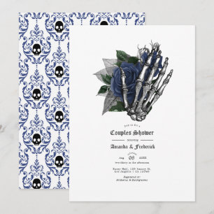 Convite Chuva de Casais Gótica Crânio Floral Azul Marinho
