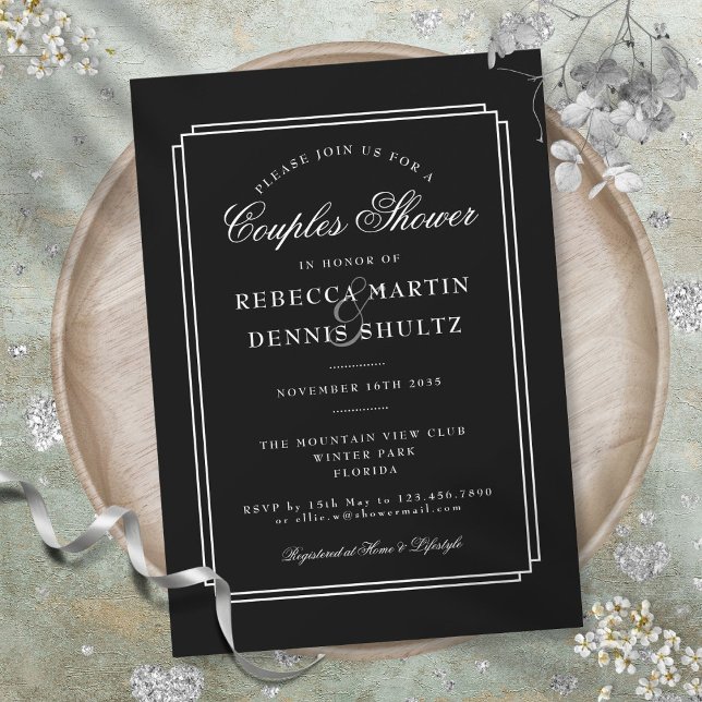 Convite Chuva de Casais Preto e Branco Clássico Deco (Classic Deco | Black and White Couples Shower Invitation)