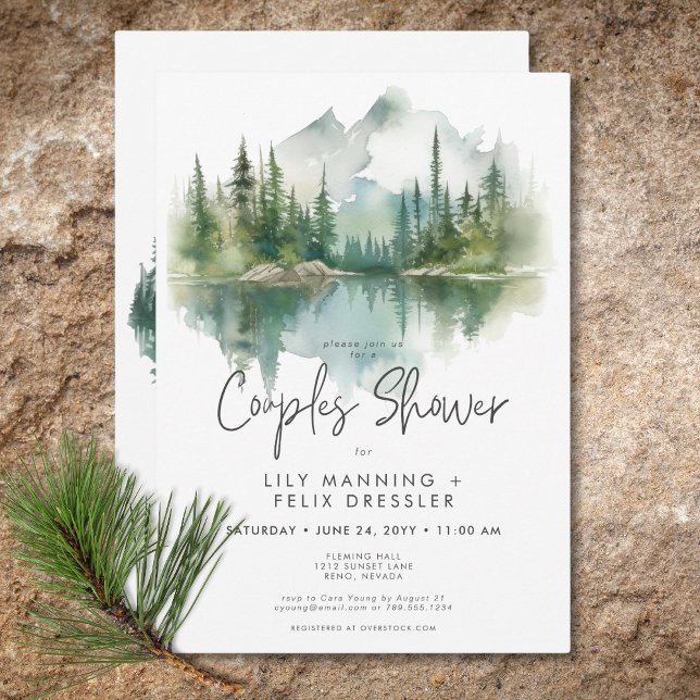 Convite Chuva de Casal à Beira do Lago na Montanha Rústica (Rustic Mountain Lake Watercolor Couples Shower Invitation)