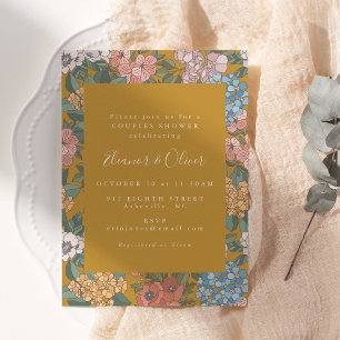 Convite Chuva de Casal Amarelo Mostarda Floral Boho Modern
