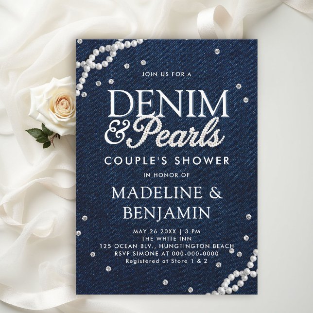 Convite Chuva de Casal Azul Elegante Diamantes Pérolas de  (denim and diamonds wedding shower invitations template couple bridal western country chic)