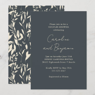 Convite Chuva de Casal Boho Preto Floral Elegante Minimali