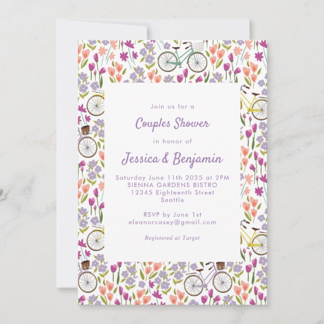 Convite Chuva de Casal Chic Boho Bicicleta Floral Script (Frente)