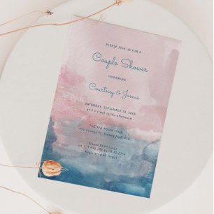 Convite Chuva de casal com aquarela rosa e azul