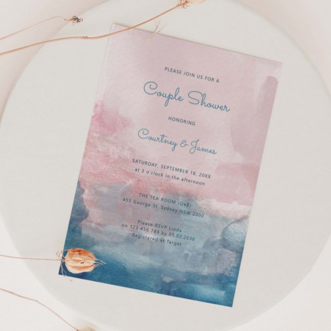 Convite Chuva de casal com aquarela rosa e azul (Criador carregado)