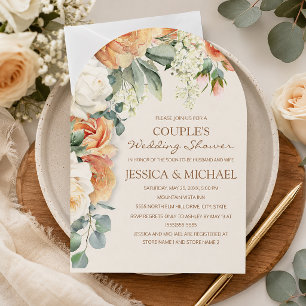 Convite Chuva de Casal com Arco Floral em Aquarela Creme P