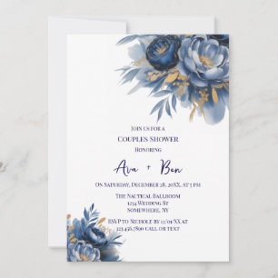 Convite Chuva de Casal com Flor de Peônia Azul Marinho e D
