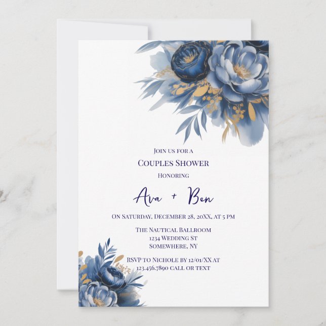 Convite Chuva de Casal com Flor de Peônia Azul Marinho e D (Frente)