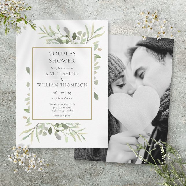 Convite Chuva de Casal com Folhagem Verde Foto (Greenery Foliage Photo Couples Shower Invitation)