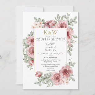 Convite Chuva de Casal com Monograma Dourado e Floral Rosa