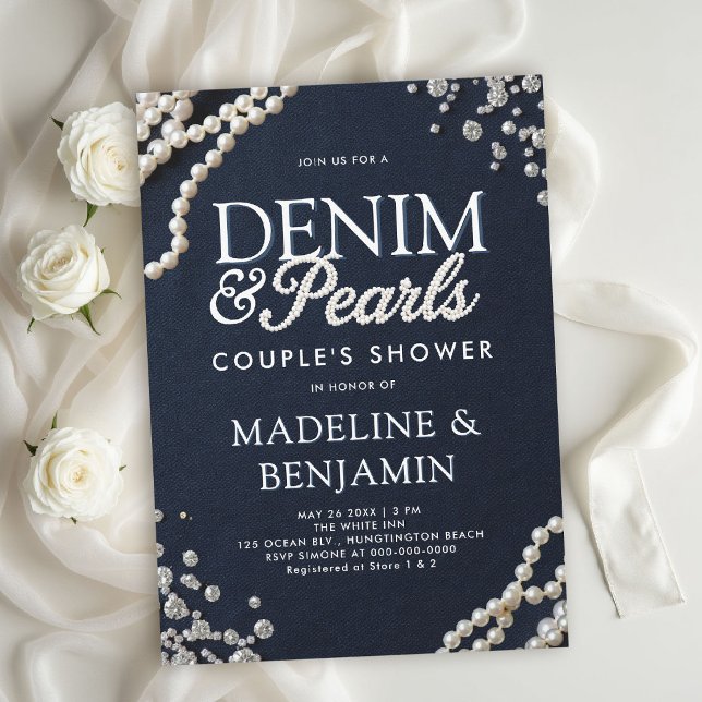 Convite Chuva de Casal de Denim Diamantes Pérolas Azul Rús (denim diamonds pearls wedding shower invitations template couple bridal western country rustic)