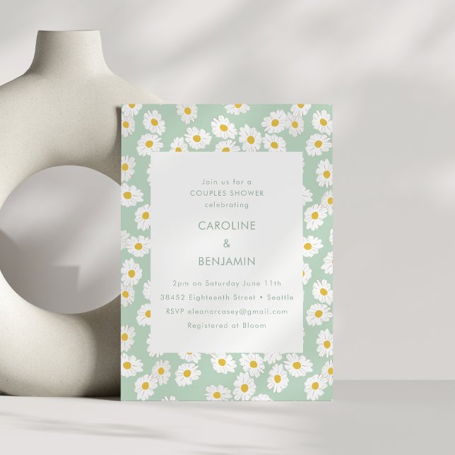 Convite Chuva de Casal de Margaridas Verde Sage Pastel de  (Criador carregado)