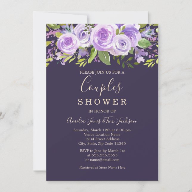 Convite Chuva de Casal de Noiva Floral Rosa Lavanda (Frente)