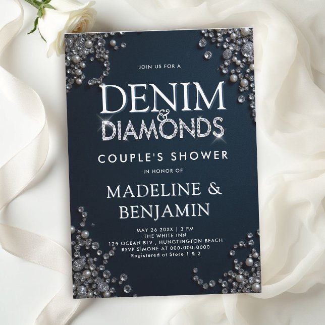 Convite Chuva de Casal Elegante em Azul com Diamantes de D (denim and diamonds wedding shower invitations template couple bridal western country rustic)