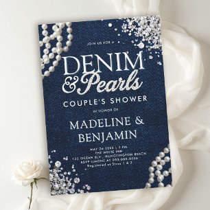 Convite Chuva de Casal em Denim Diamantes Pérolas Azul Bra