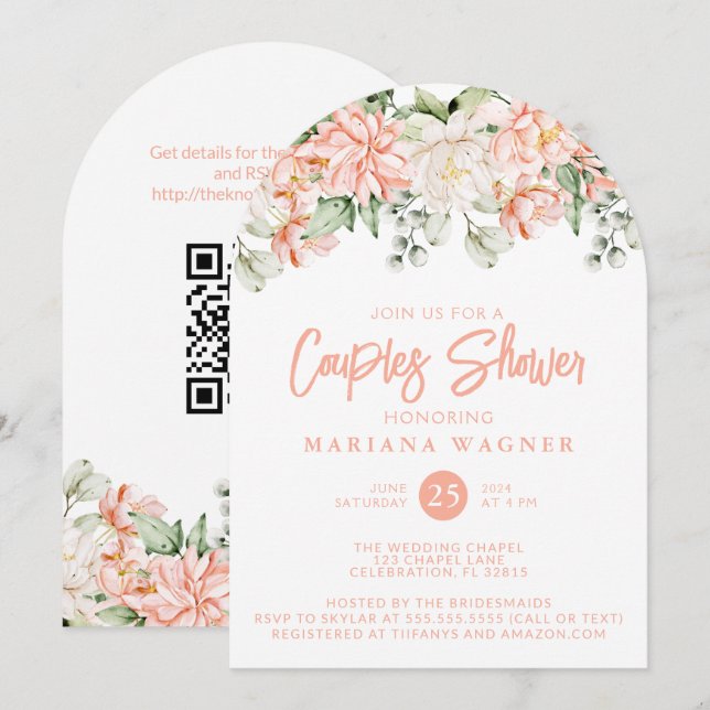Convite Chuva de Casal Flor de Pêssego Código QR (Frente/Verso)