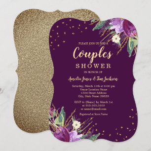 Convite Chuva de Casal Flor Roxa Dourada Aquarela