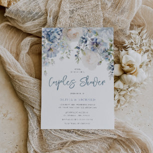 Convite Chuva de Casal Floral Azul e Branco Empoeirado