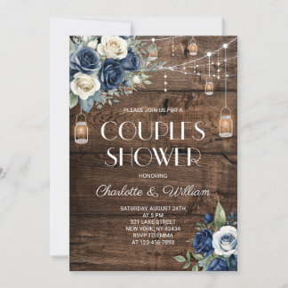 Convite Chuva de Casal Floral Azul Marinho Rústico