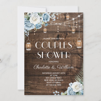 Convite Chuva de Casal Floral Azul Rústico