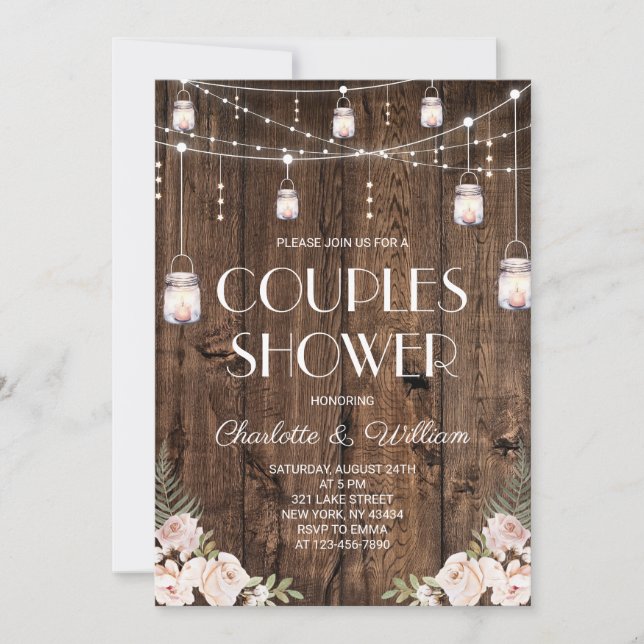 Convite Chuva de Casal Floral Bege de Madeira Rústica (Frente)