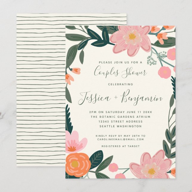 Convite Chuva de Casal Floral de Jardim Rosa Estiloso  (Frente/Verso)