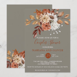 Convite Chuva de Casal Floral em Aquarela Cinza Outono