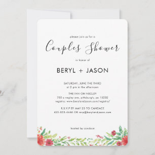 Convite Chuva de Casal Floral em Aquarela Vermelho Elegant